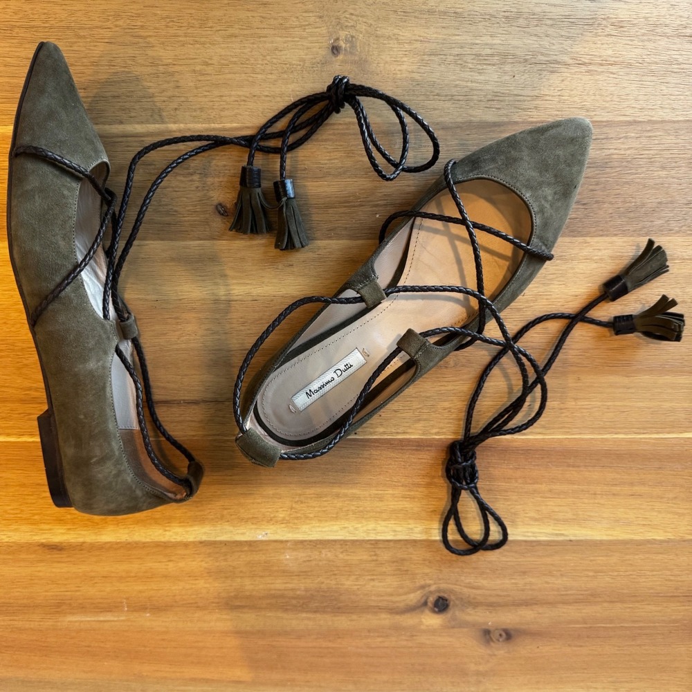 Massimo Dutti Women 5.5-6 EU 36 Olive Green Suede Lace Up Tassel Ballet Flats